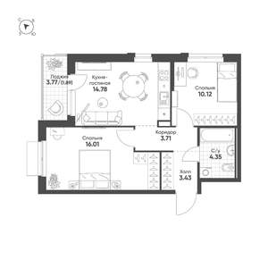 2-к квартира, вторичка, 54м2, 14/25 этаж