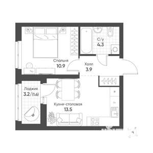 1-к квартира, строящийся дом, 34м2, 6/16 этаж