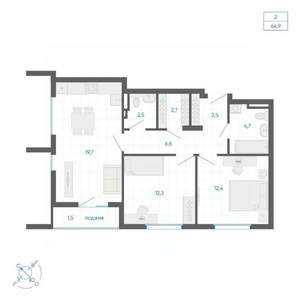 2-к квартира, вторичка, 65м2, 10/10 этаж