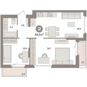 2-к квартира, вторичка, 64м2, 4/9 этаж