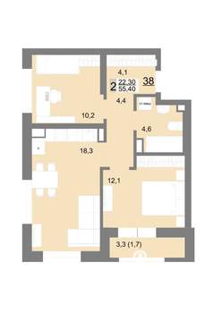 2-к квартира, вторичка, 55м2, 6/26 этаж