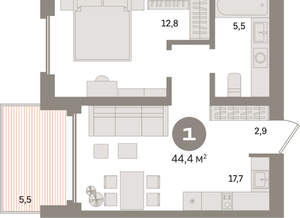1-к квартира, вторичка, 44м2, 19/24 этаж