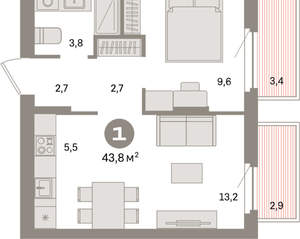 1-к квартира, вторичка, 44м2, 7/16 этаж