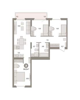 3-к квартира, вторичка, 84м2, 9/9 этаж