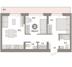 2-к квартира, вторичка, 56м2, 7/16 этаж