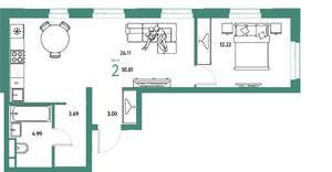 2-к квартира, вторичка, 50м2, 24/24 этаж