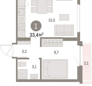 1-к квартира, вторичка, 33м2, 8/9 этаж