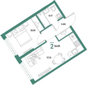 2-к квартира, строящийся дом, 37м2, 12/31 этаж