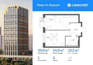 1-к квартира, вторичка, 36м2, 14/24 этаж