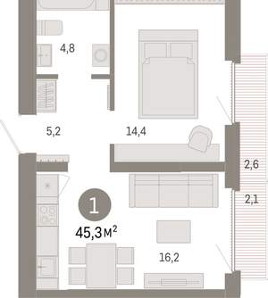 1-к квартира, вторичка, 45м2, 6/9 этаж