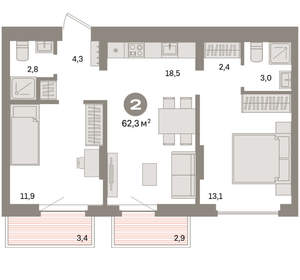 2-к квартира, вторичка, 62м2, 5/16 этаж