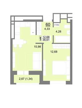 1-к квартира, вторичка, 39м2, 7/22 этаж