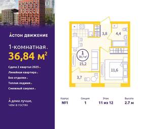 1-к квартира, вторичка, 37м2, 11/12 этаж