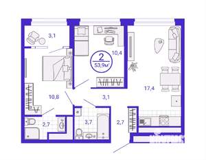 2-к квартира, вторичка, 52м2, 13/28 этаж