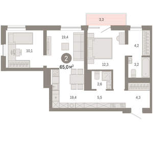 2-к квартира, вторичка, 65м2, 7/8 этаж
