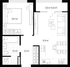 1-к квартира, строящийся дом, 40м2, 2/24 этаж