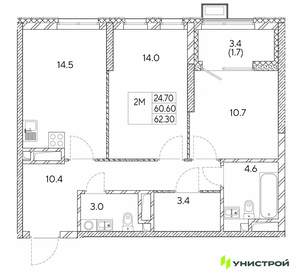 2-к квартира, вторичка, 62м2, 23/30 этаж