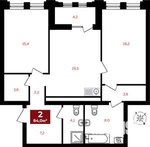 2-к квартира, строящийся дом, 84м2, 24/32 этаж
