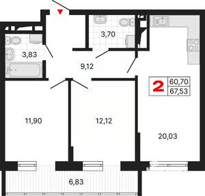 2-к квартира, вторичка, 68м2, 6/25 этаж