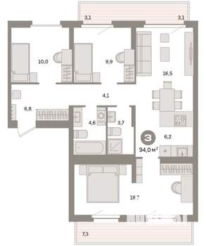 3-к квартира, вторичка, 94м2, 9/9 этаж