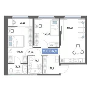 2-к квартира, строящийся дом, 65м2, 14/25 этаж