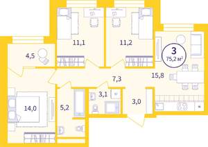 3-к квартира, строящийся дом, 73м2, 7/9 этаж