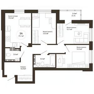 3-к квартира, сданный дом, 79м2, 23/25 этаж
