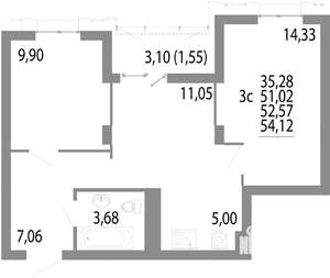 3-к квартира, строящийся дом, 53м2, 7/25 этаж