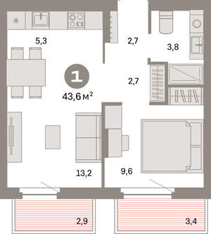 1-к квартира, вторичка, 44м2, 6/16 этаж