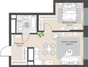 1-к квартира, строящийся дом, 45м2, 7/29 этаж