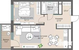 1-к квартира, строящийся дом, 55м2, 9/28 этаж