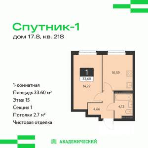 1-к квартира, вторичка, 34м2, 15/17 этаж