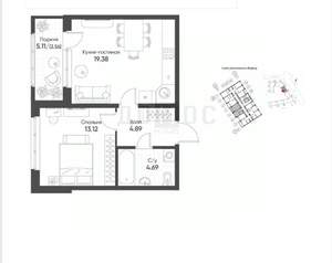 1-к квартира, вторичка, 42м2, 3/16 этаж