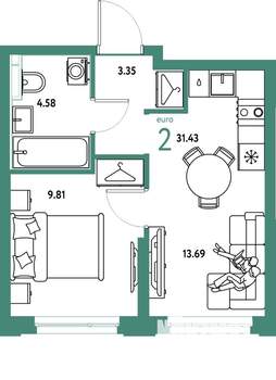 2-к квартира, строящийся дом, 31м2, 7/24 этаж