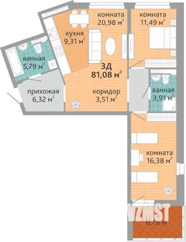 3-к квартира, строящийся дом, 81м2, 16/24 этаж