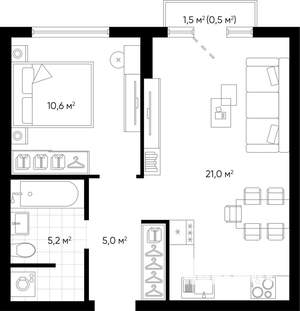 1-к квартира, вторичка, 42м2, 6/24 этаж
