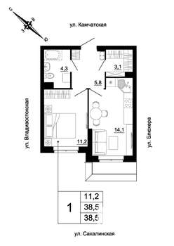 1-к квартира, строящийся дом, 39м2, 5/24 этаж