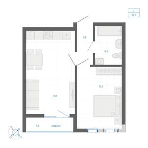 1-к квартира, строящийся дом, 39м2, 19/32 этаж