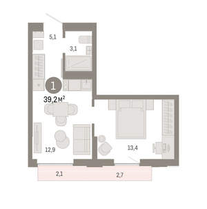 1-к квартира, вторичка, 39м2, 13/16 этаж