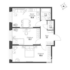 2-к квартира, вторичка, 61м2, 4/16 этаж