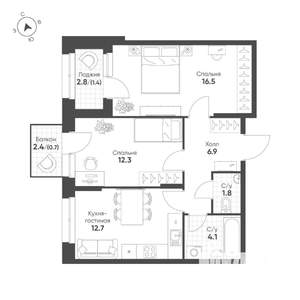 2-к квартира, строящийся дом, 56м2, 9/16 этаж