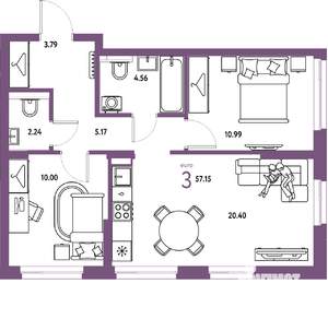 3-к квартира, строящийся дом, 57м2, 19/25 этаж