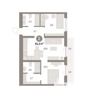 2-к квартира, вторичка, 61м2, 4/9 этаж