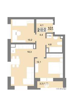 2-к квартира, вторичка, 55м2, 13/26 этаж