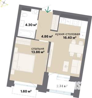 1-к квартира, строящийся дом, 44м2, 5/9 этаж