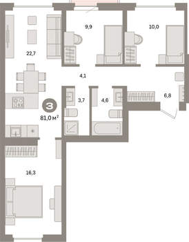 3-к квартира, вторичка, 81м2, 9/9 этаж