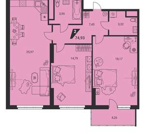 3-к квартира, вторичка, 75м2, 22/25 этаж