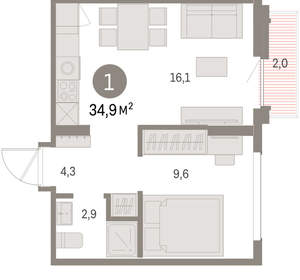 1-к квартира, вторичка, 35м2, 9/9 этаж