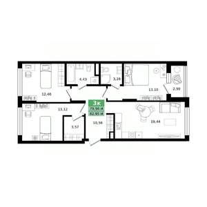 3-к квартира, строящийся дом, 83м2, 6/8 этаж
