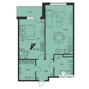 2-к квартира, вторичка, 52м2, 6/25 этаж